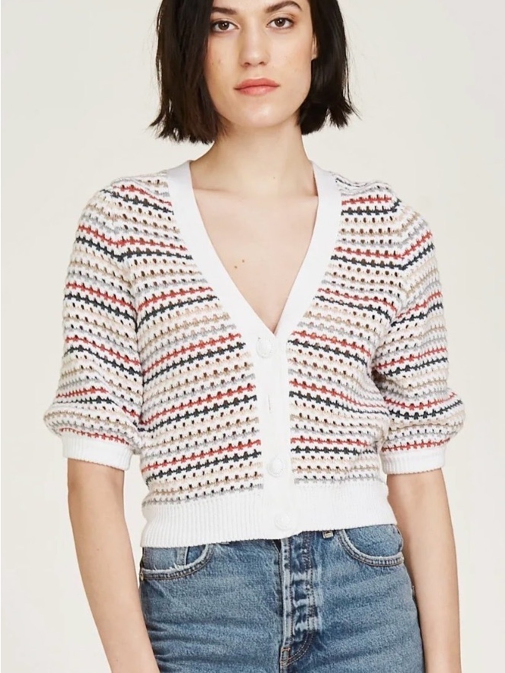 Autumn Cashmere White Multicolor Stripe Knit Button Cardigan